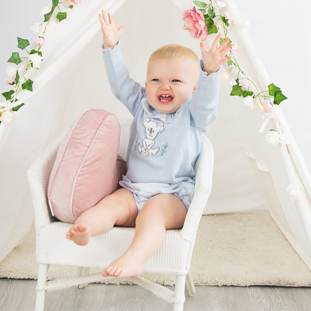 Dusky Blue Koala Knitted Ruffle Top & Bloomers