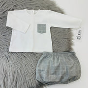 White Top & Grey Check Jam Pants Set