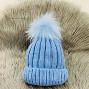 Baby Blue Ribbed Single Faux Fur Pom Pom Hat