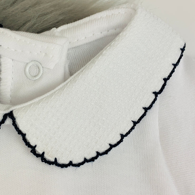 Peter Pan Collar Long Sleeve White Body Vest Navy Trim Close
