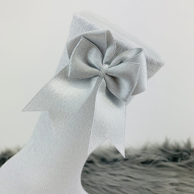 Silver Glitter Knee High Double Side Bow Spanish Socks