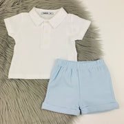 Blue Shorts & White Waffle Polo Shirt Set