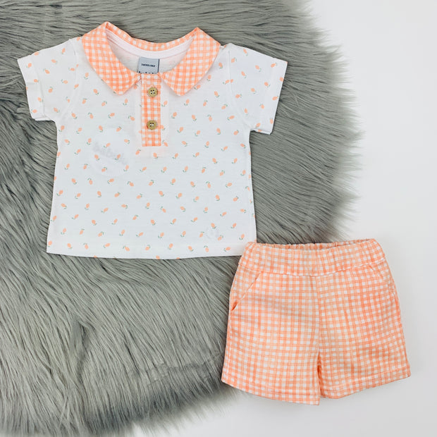 Orange & White Gingham Shorts & Polo Shirt Set