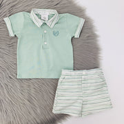 Olive & White Stripe Polo & Shorts