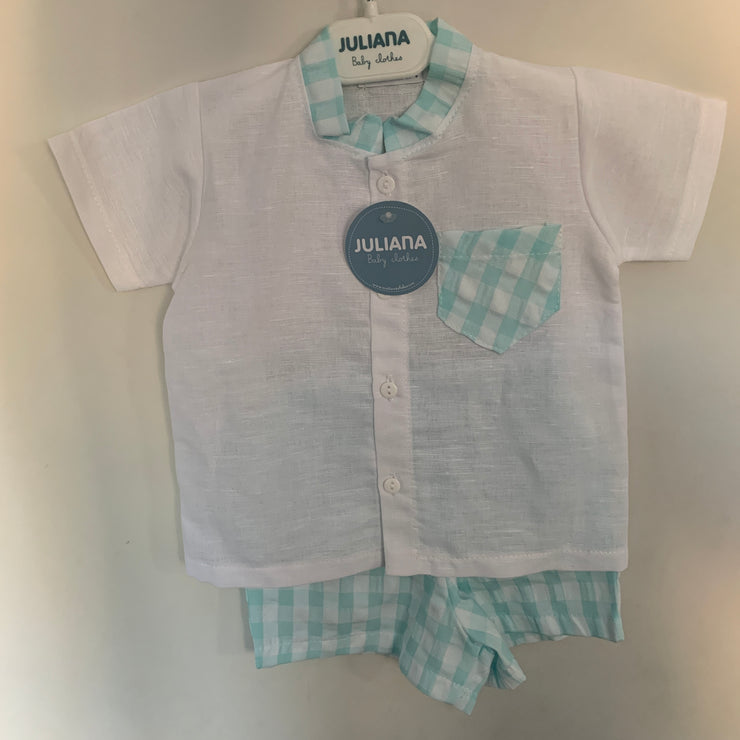 Aqua & White Gingham Shirt & Short Set