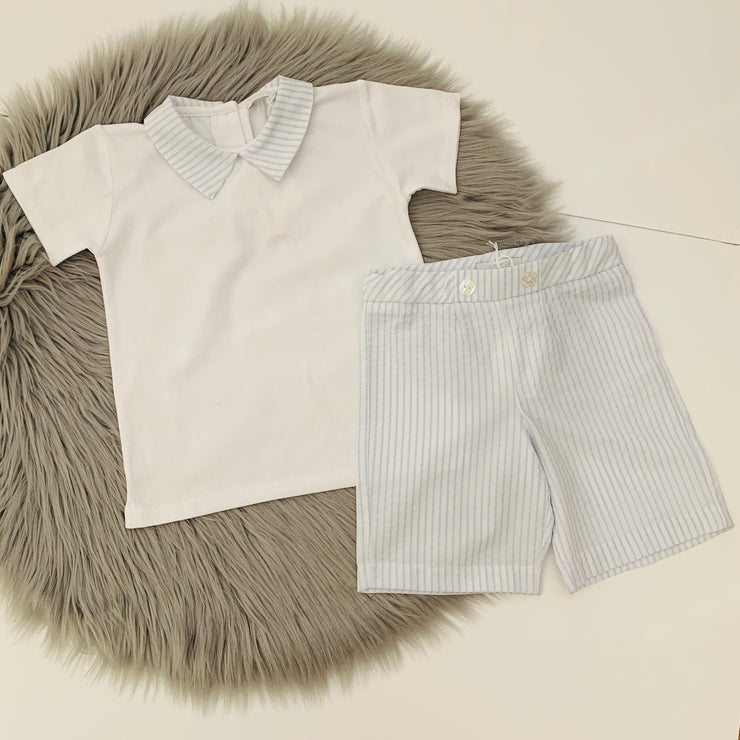 White Polo & Blue & White Stripe Shorts