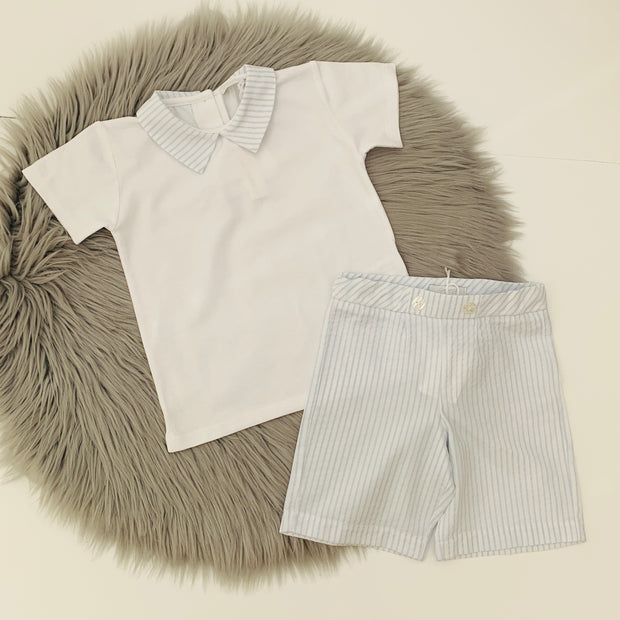 White Polo & Blue & White Stripe Shorts