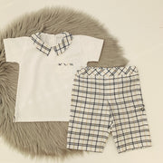 White Polo & Navy & Beige Check Shorts