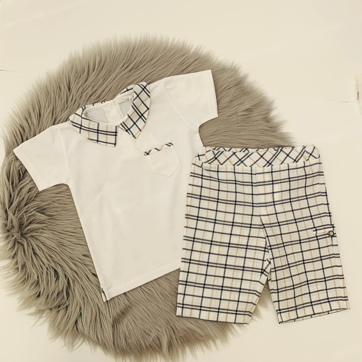 White Polo & Navy & Beige Check Shorts