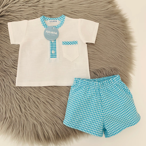 Turquoise & White Gingham Shirt & Short Set