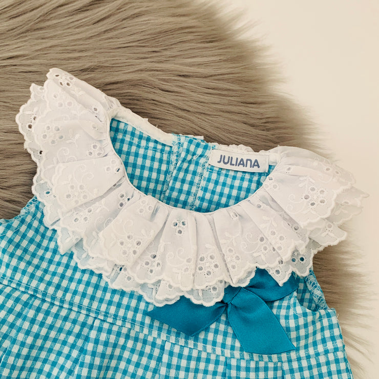 Turquoise Gingham Ruffle Dress Close