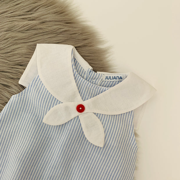 Blue & White Pin Stripe Sailor Romper Close