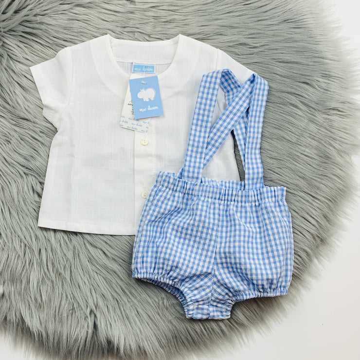 White Top & Blue Gingham Dungaree Romper