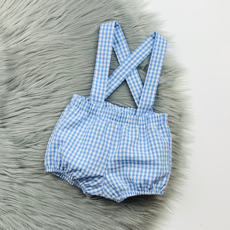 White Top & Blue Gingham Dungaree Romper