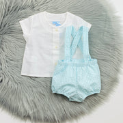 White Top & Turquoise Gingham Dungaree Romper