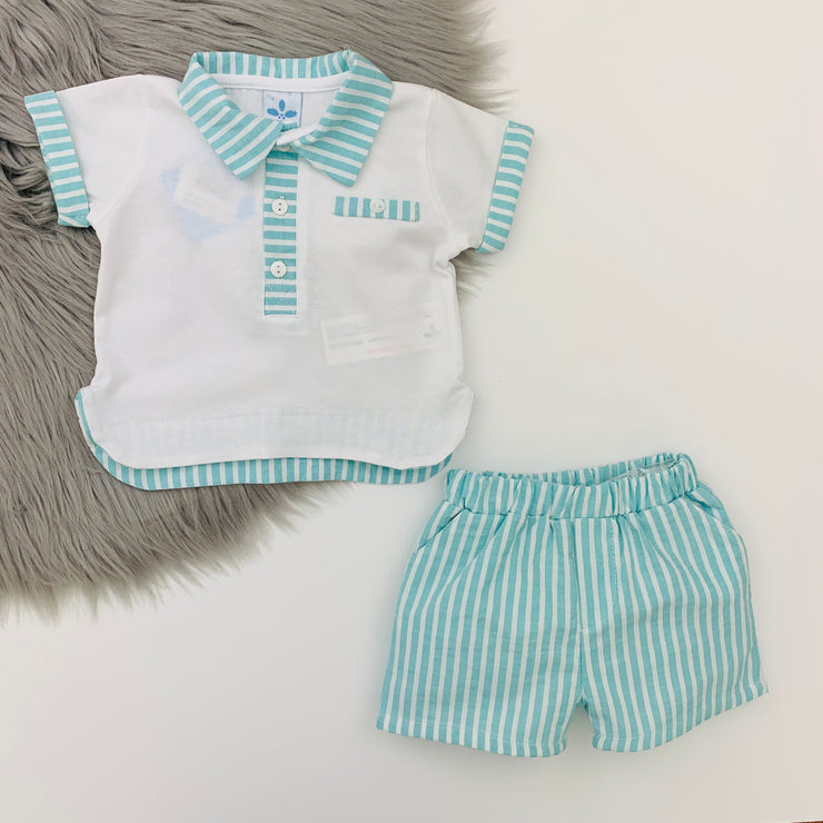 Green & White Stripe Polo & Shorts Set