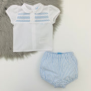 White Smocked Shirt & Blue Stripe Jam Pants Set