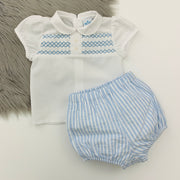 White Smocked Shirt & Blue Stripe Jam Pants Set