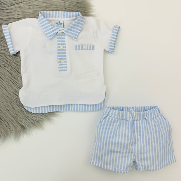 Blue & White Stripe Polo & Shorts Set