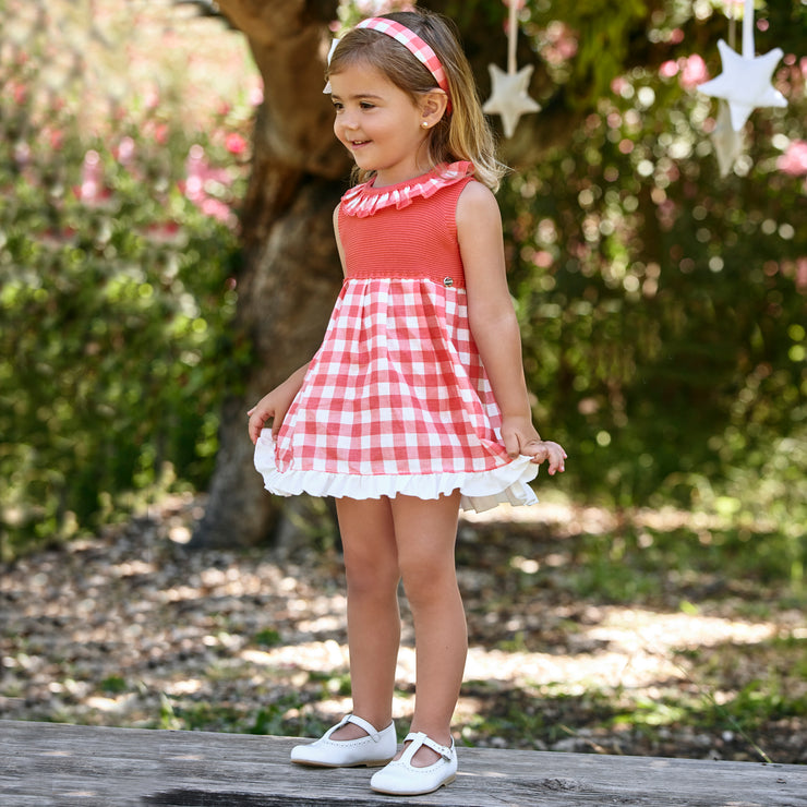 Coral Gingham half Knit Dress