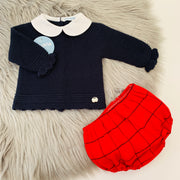 Navy Blue & Red Knitted Jam Pant Set