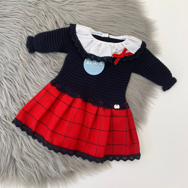 Navy Blue & Red Knit Tartan Dress