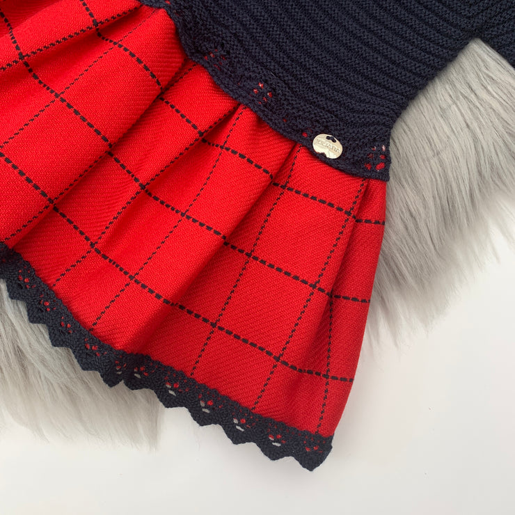 Navy Blue & Red Knit Tartan Dress Close