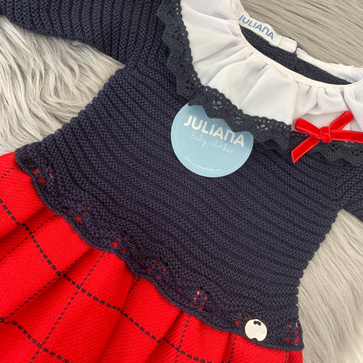 Navy Blue & Red Knit Tartan Dress