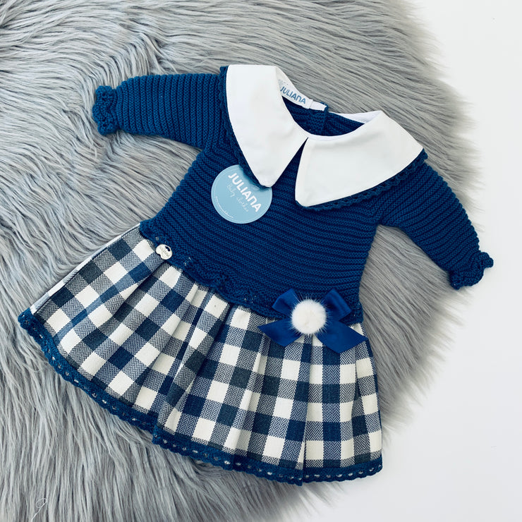 Petrol Blue Half Knit Tartan Dress