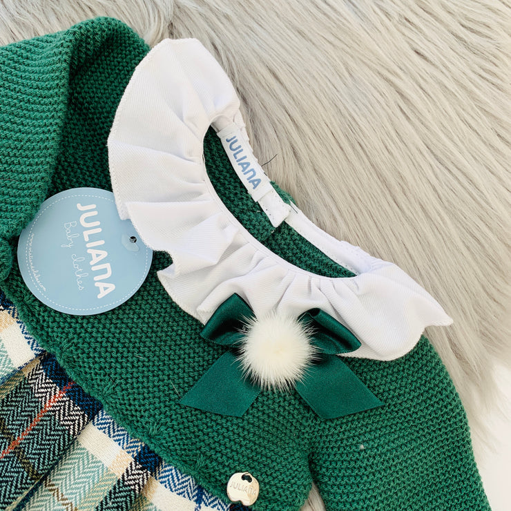 Bottle Green Half Knit Tartan Dress Collar