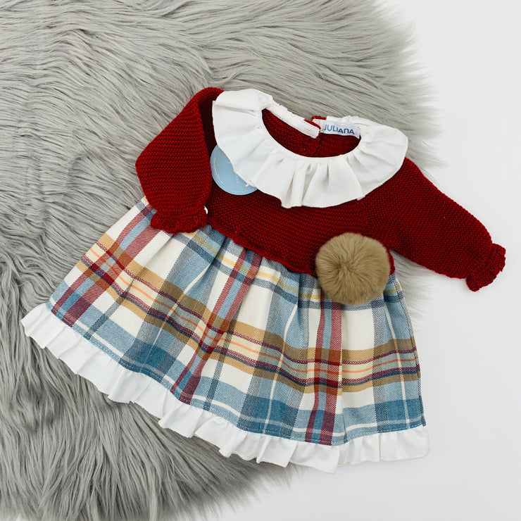 Deep Red Half Knitted Tartan Dress