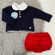 Navy Blue & Red Jam Pants & Cardigan Set