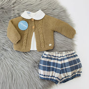 Autumn Brown Knitted Cardigan & Blue Tartan Pant Set