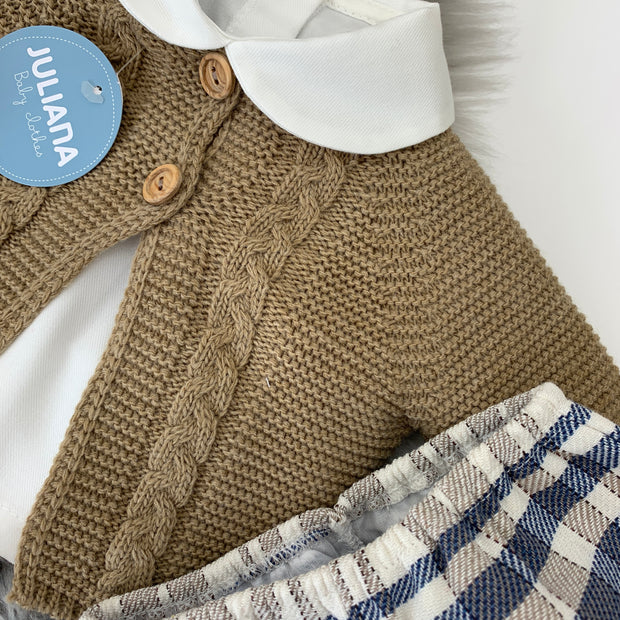 Autumn Brown Knitted Cardigan & Blue Tartan Pant Set Close