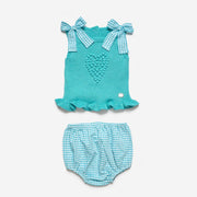 Turquoise Knitted Top & Gingham Jam Pants Set