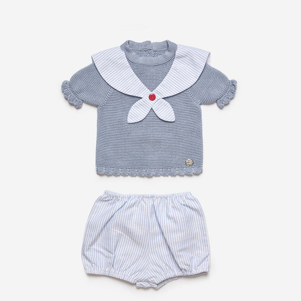 Dusky Blue Knit Sailor Top & Jam Pants Set