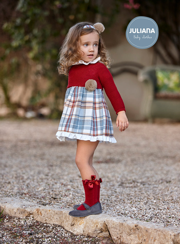 Deep Red Half Knitted Tartan Dress