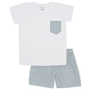 White T Shirt & Green Stripe Shorts