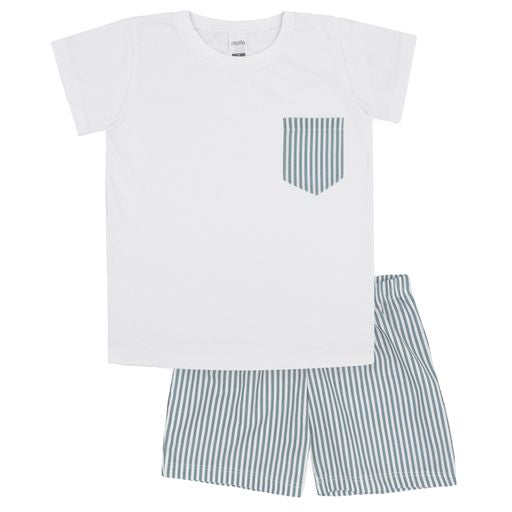 White T Shirt & Green Stripe Shorts