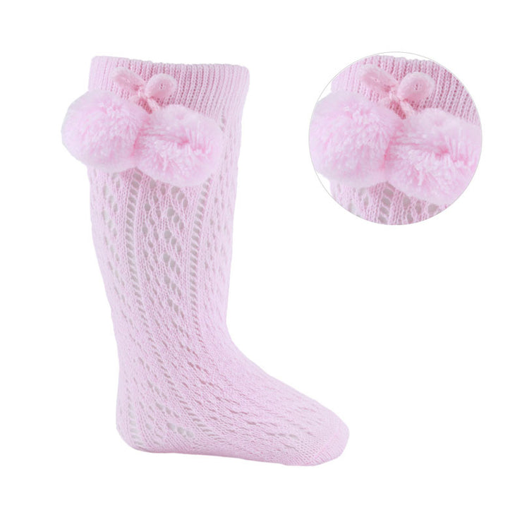 Pink Knee High Open Weave Pom Pom Socks