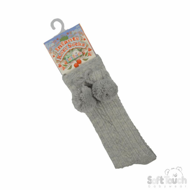 Grey Knee High Pom Pom Socks