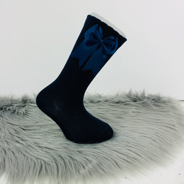 Navy Knee High Double Side Bow Spanish Socks