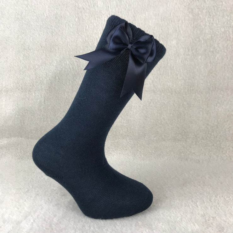Navy Blue Knee High Double Side Bow Spanish Socks