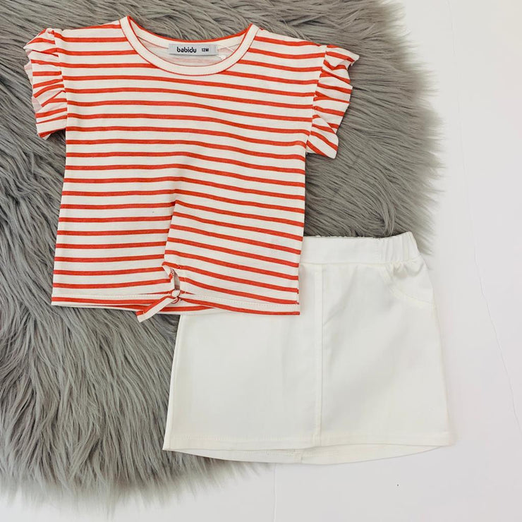 Red & White Stripe Ruffle T-Shirt & Skirt