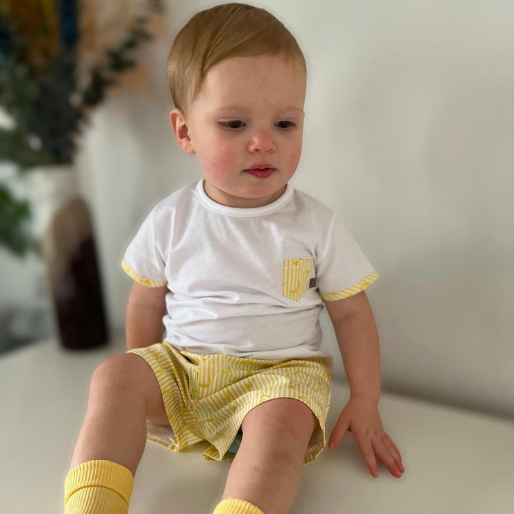 White Top and Yellow Candy Stripe Shorts