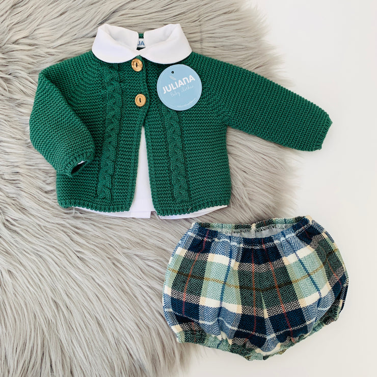 Bottle Green Knitted Cardigan & Tartan Pant Set