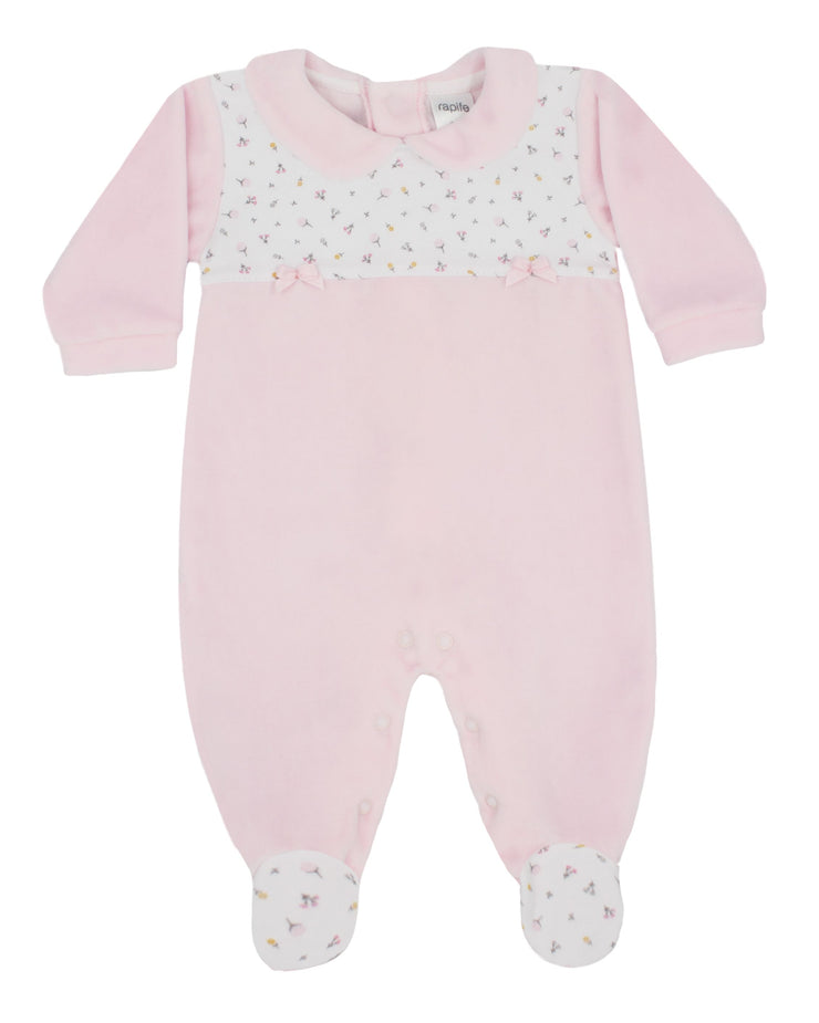 Pink & White Ditsy Floral Velour Smocked Sleepsuit