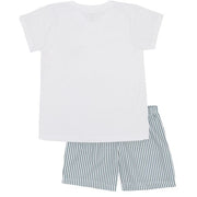 White T Shirt & Green Stripe Shorts